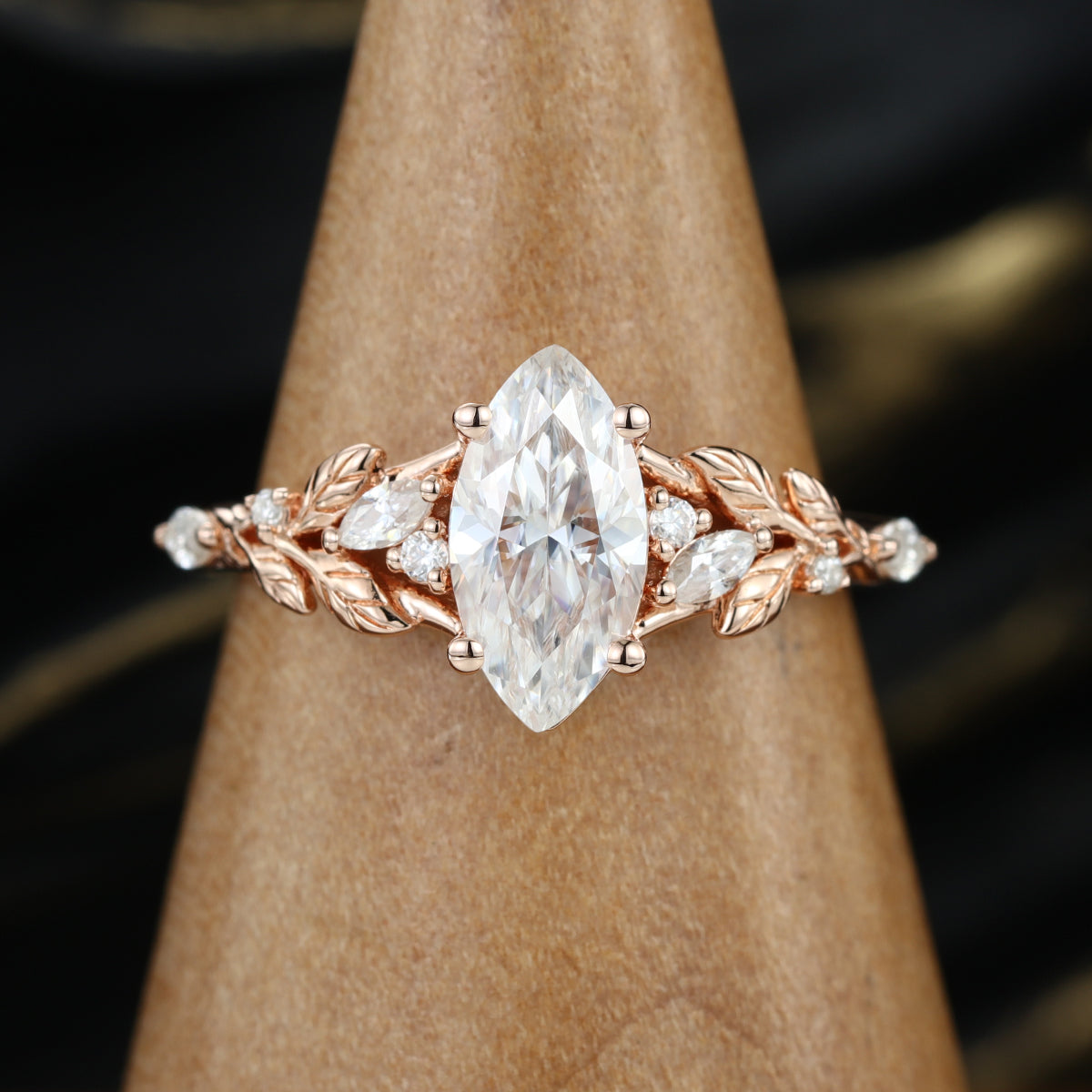 Nature Inspired Marquise cut Moissanite Leaf Gold Engagement Ring