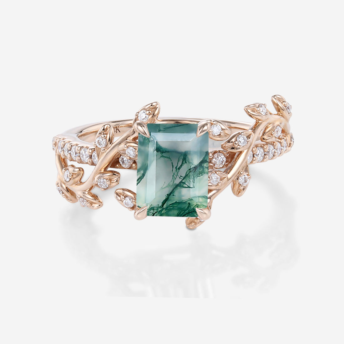 Nature Inspired Emerald cut Moss Agate Leaf Gold Engagement Ring