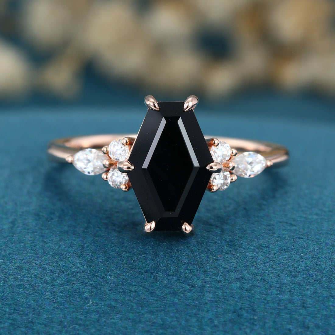 Coffin cut Black Onyx Solid Gold Engagement Ring