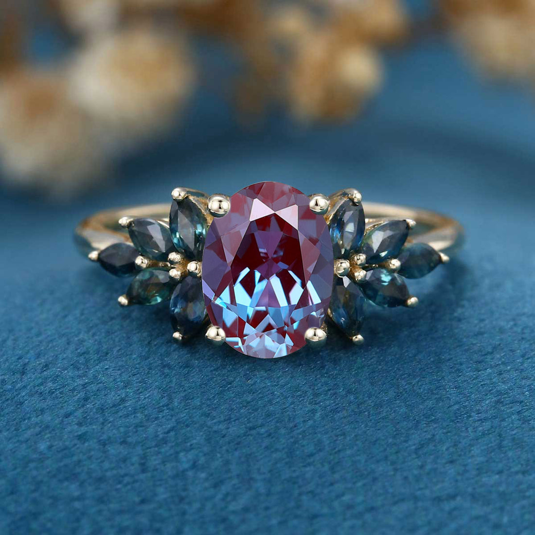 Oval cut Alexandrite Cluster Engagement Ring 