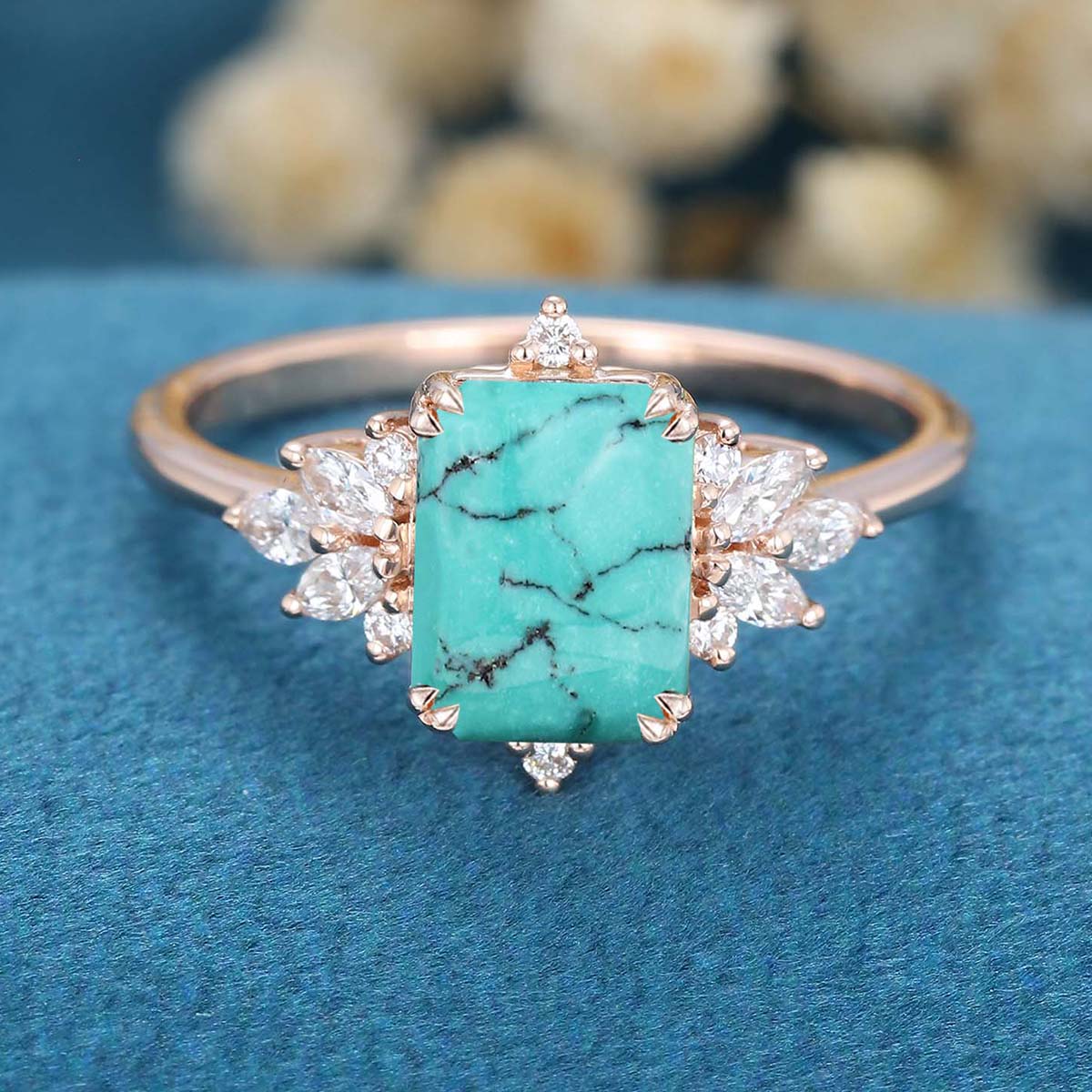 Emerald Cut Turquoise Cluster Engagement Ring