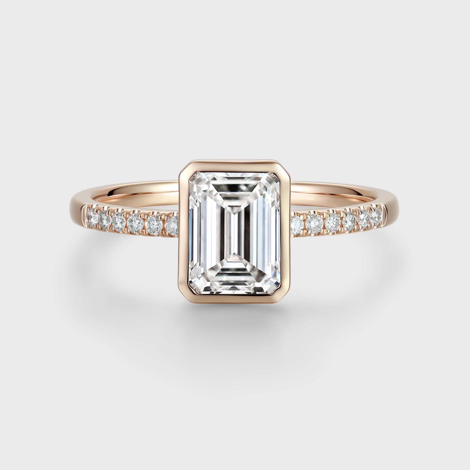Bezel setting Emerald cut Lab grown Diamond Half Eternity Sold Gold Engagement Ring