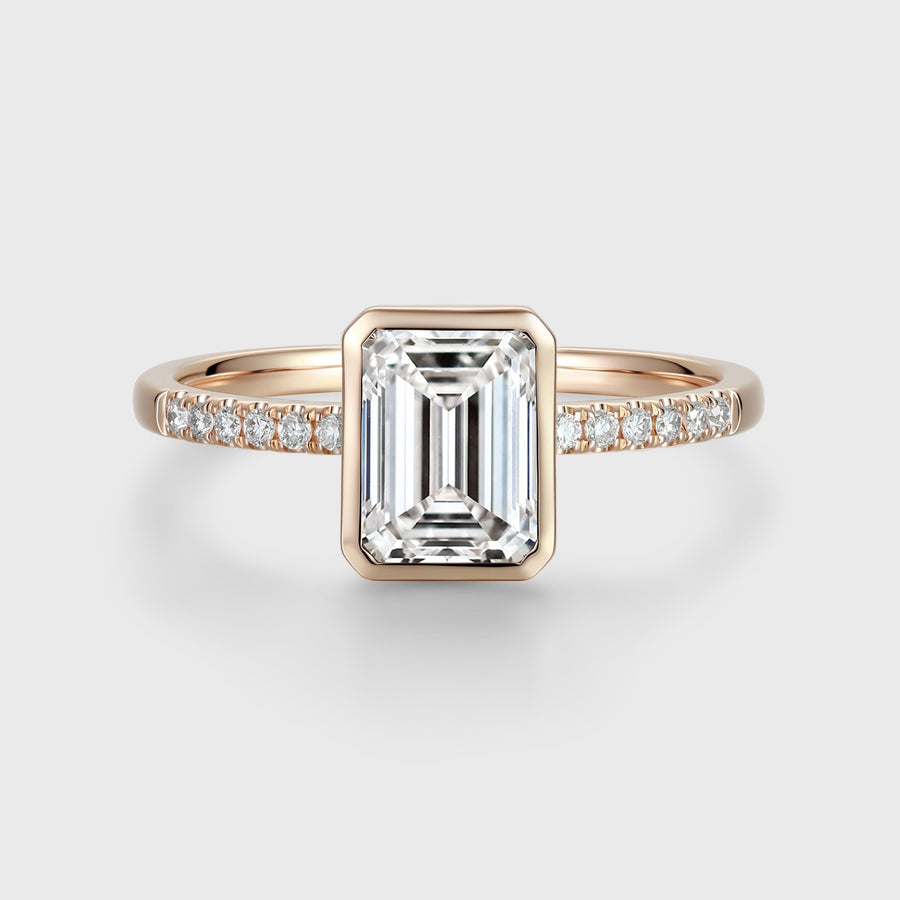 Bezel setting Emerald cut Lab grown Diamond Half Eternity Sold Gold Engagement Ring