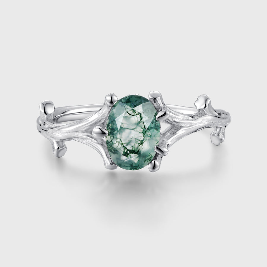 Nature Inspired Oval cut Moss Agate Leaf Engagement Ring