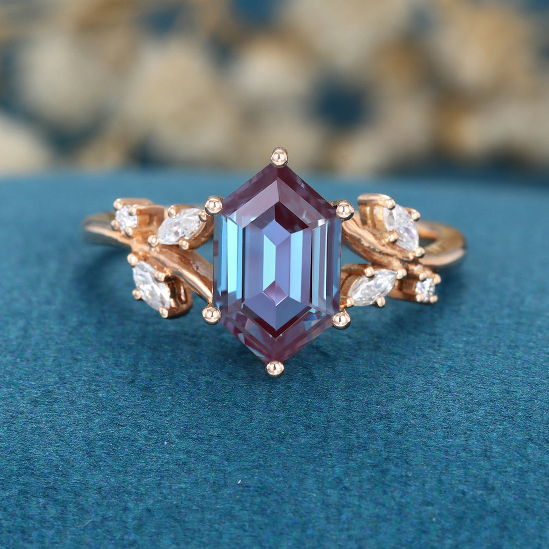 Hexagon cut Lab Alexandrite Solid Gold Engagement Ring