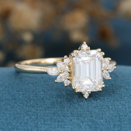 Emerald cut Moissanite Cluster Engagement ring