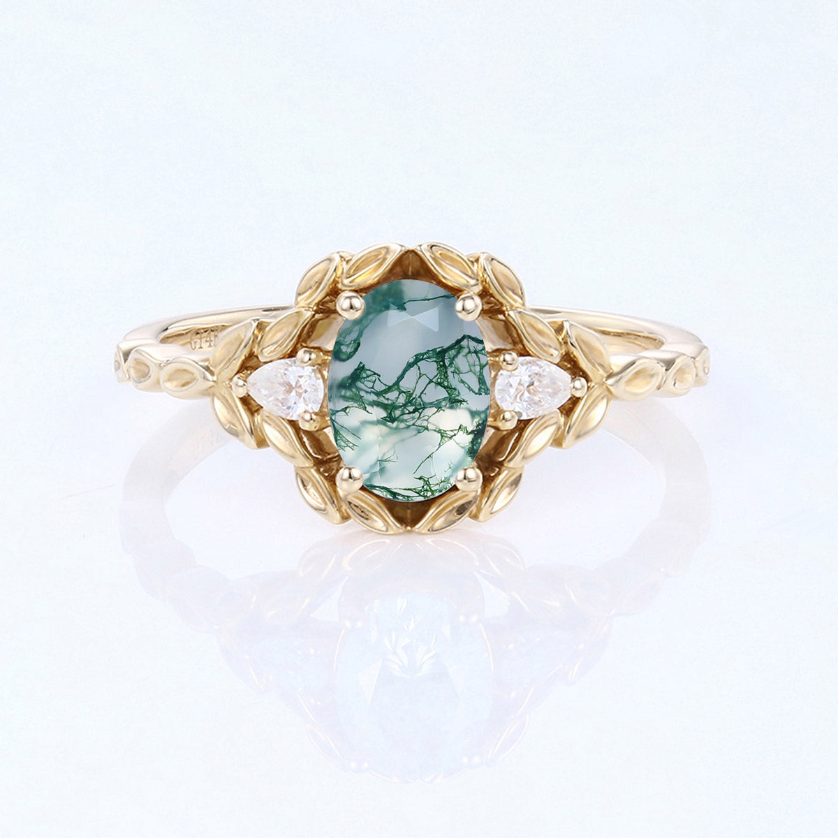 Nature Inspired Round cut Moss Agate Leaf Gold ring set