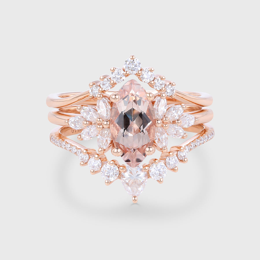 1.0Carat Marquise cut Morganite Cluster Engagement ring Bridal Set