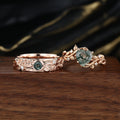 Forever Glow Moss Agate Couple Rings | Rose Gold Leaf Wedding Bridal Set