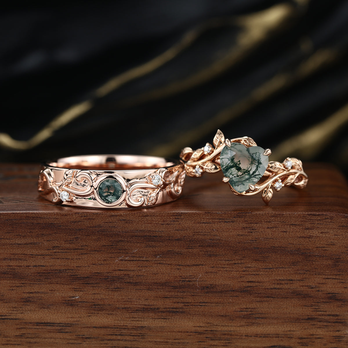Forever Glow Moss Agate Couple Rings | Rose Gold Leaf Wedding Bridal Set