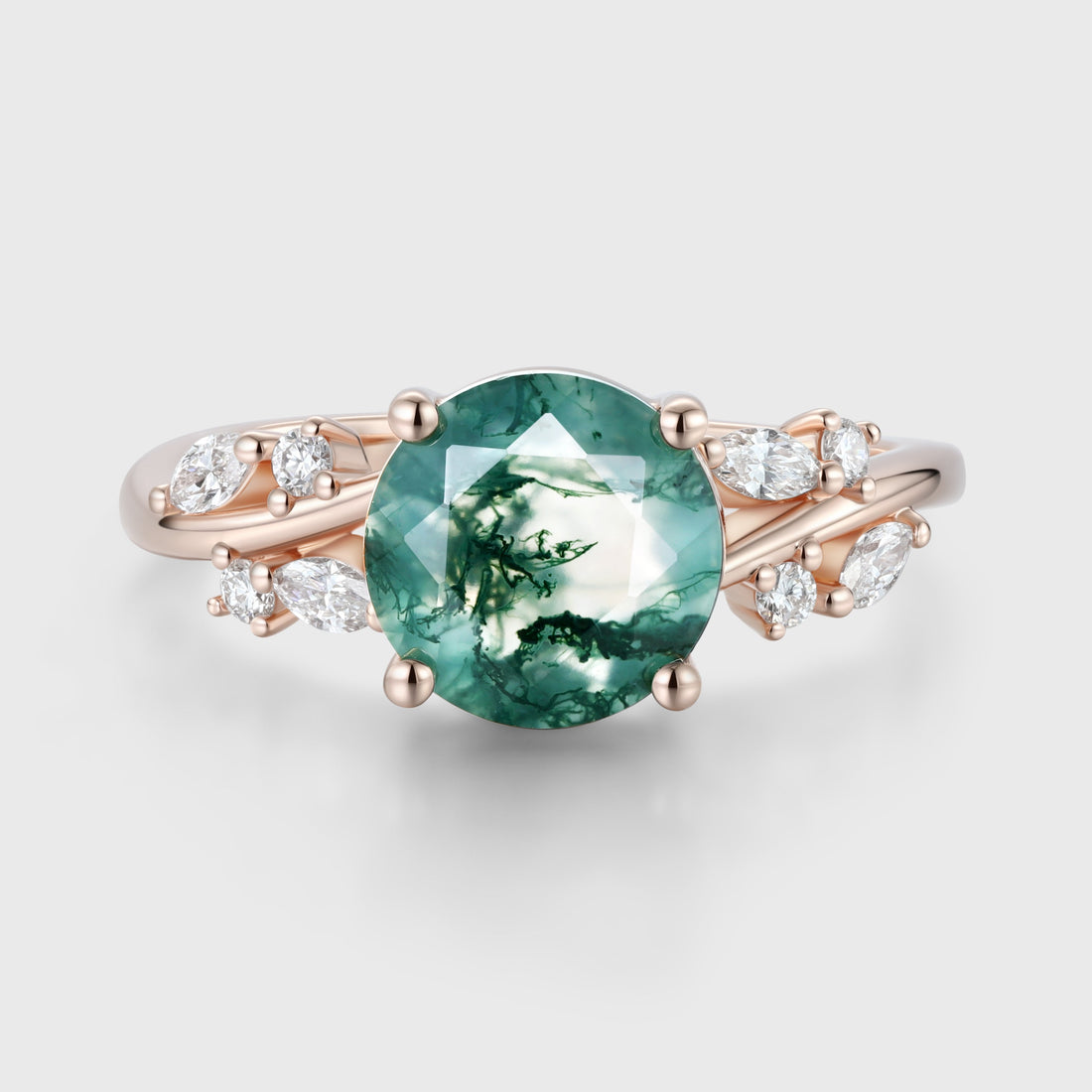 Round cut Moss Agate Matching Moissanite | Diamonds Gold Engagement Ring