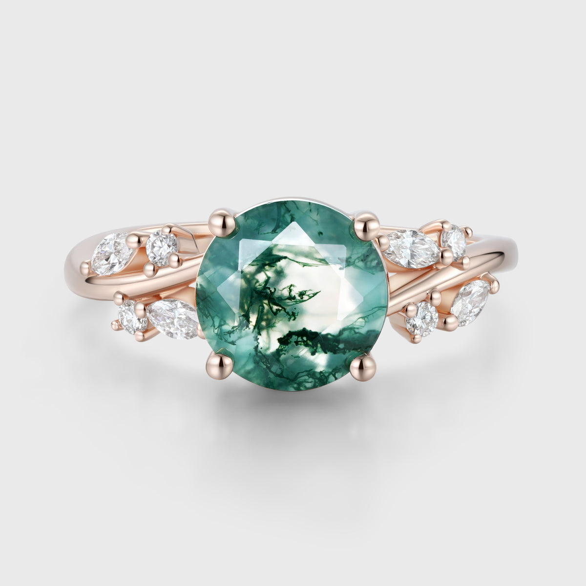Round cut Moss Agate Matching Moissanite | Diamonds Gold Engagement Ring