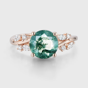 Round cut Moss Agate Matching Moissanite | Diamonds Gold Engagement Ring