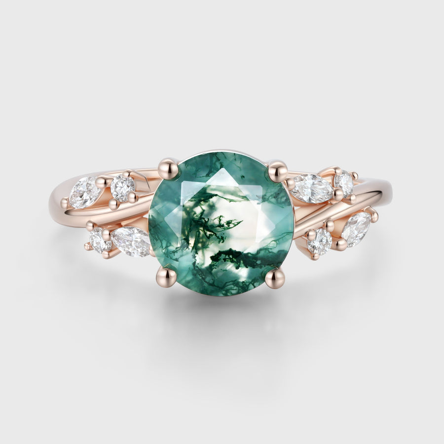 Round cut Moss Agate Matching Moissanite | Diamonds Gold Engagement Ring