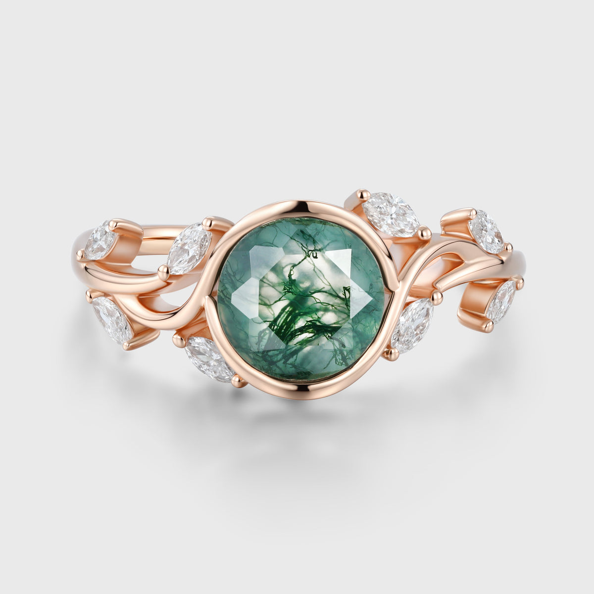 Nature Inspired Round cut Moss Agate Leaf Gold Engagement Ring