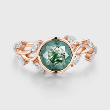 Nature Inspired Round cut Moss Agate Leaf Gold Engagement Ring