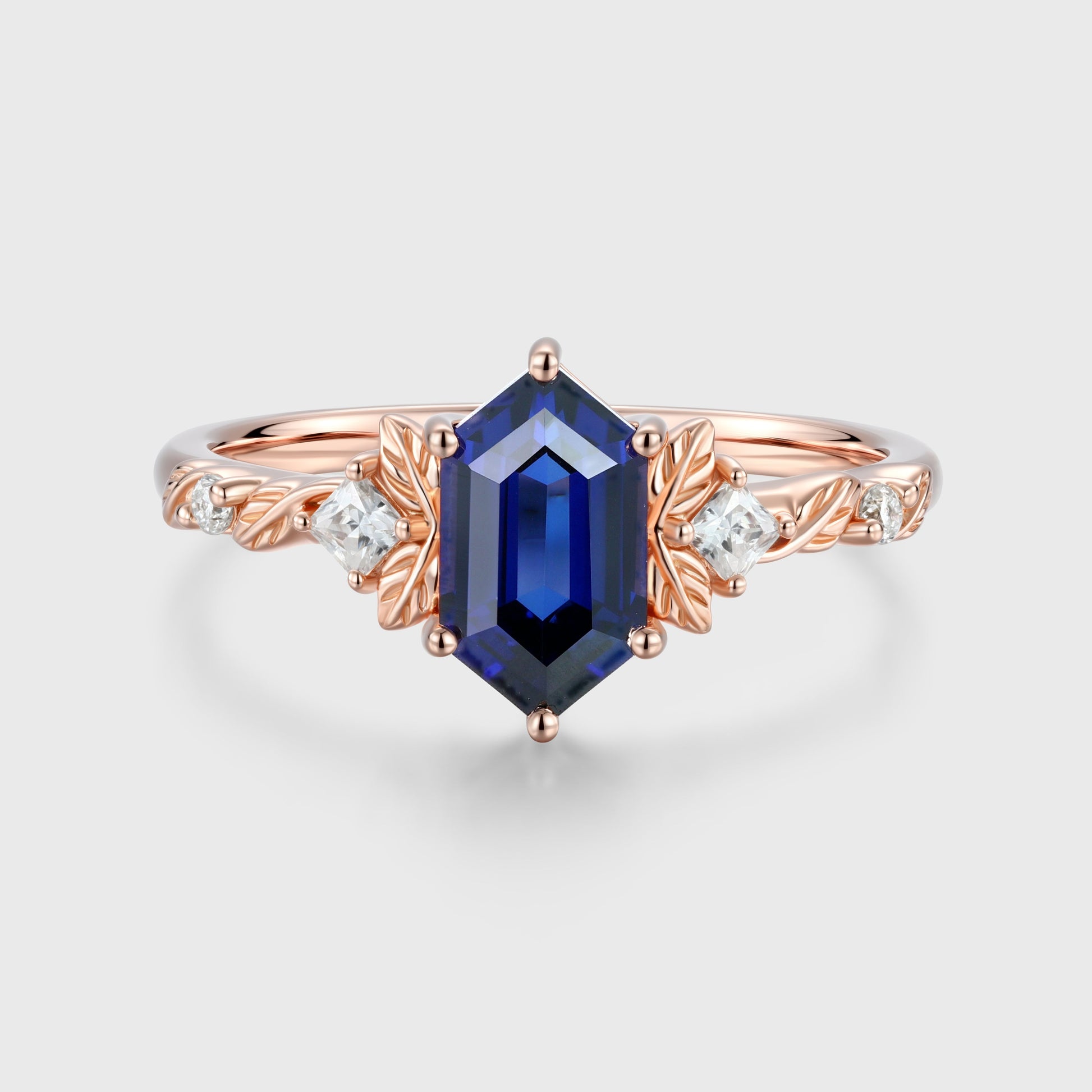 Long Hexagon cut Lab Sapphire + Diamonds Leaf Gold Engagement Ring