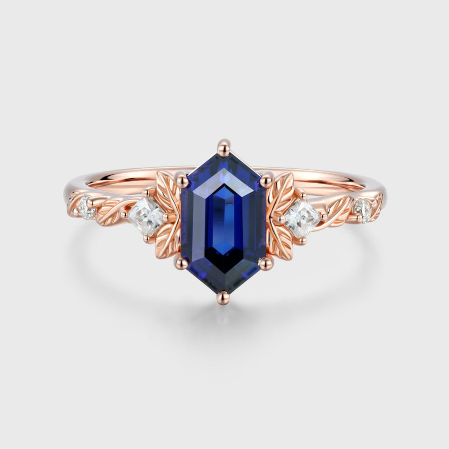 Long Hexagon cut Lab Sapphire + Diamonds Leaf Gold Engagement Ring