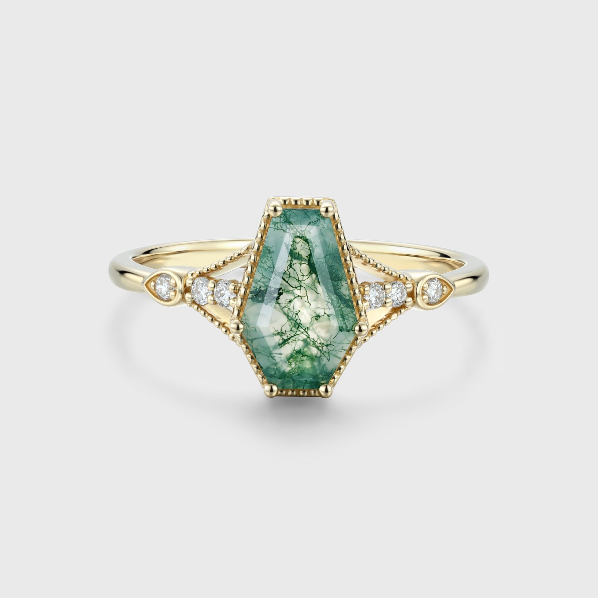 Coffin cut Moss Agate Solid Gold Engagement Ring