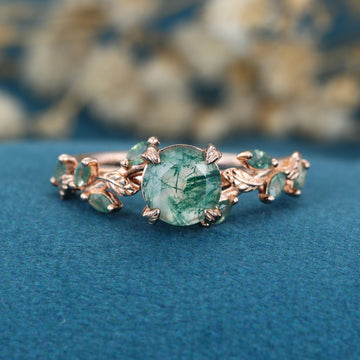 Nature Inspired Round cut Moss Agate Solid Gold Engagement Ring