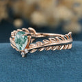 Nature Inspired Pear cut Moss Agate Leaf Gold Engagement Ring