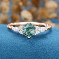 Hexagon Cut Natural Green Moss Agate Cluster Engagement Ring 