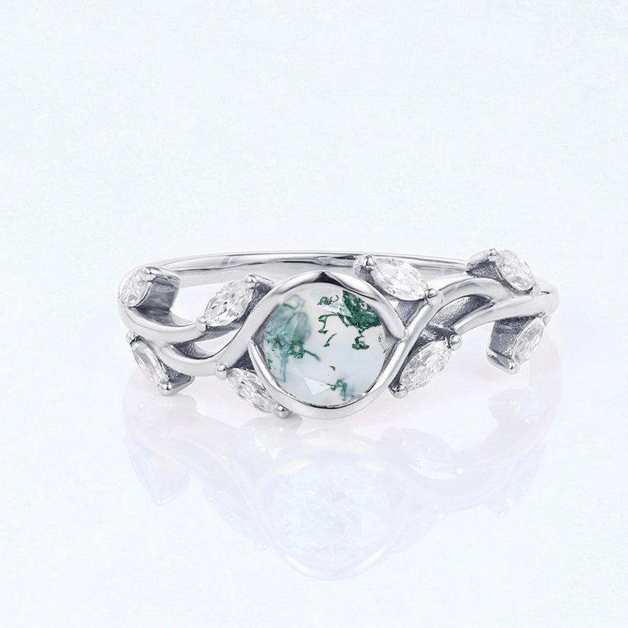 Nature Inspired Round cut Moss Agate Leaf Gold Engagement Ring