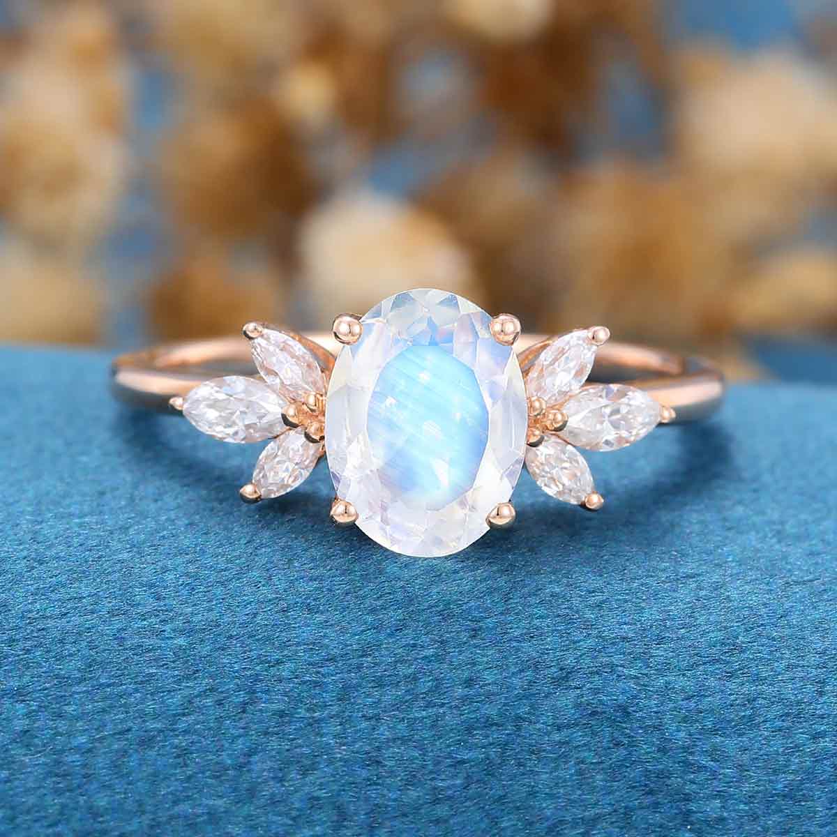 Oval cut Moonstone | Moissanite Cluster Engagement Ring