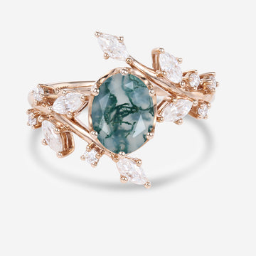 Nature Inspired Oval cut Moss Agate Leaf Gold Engagement Ring