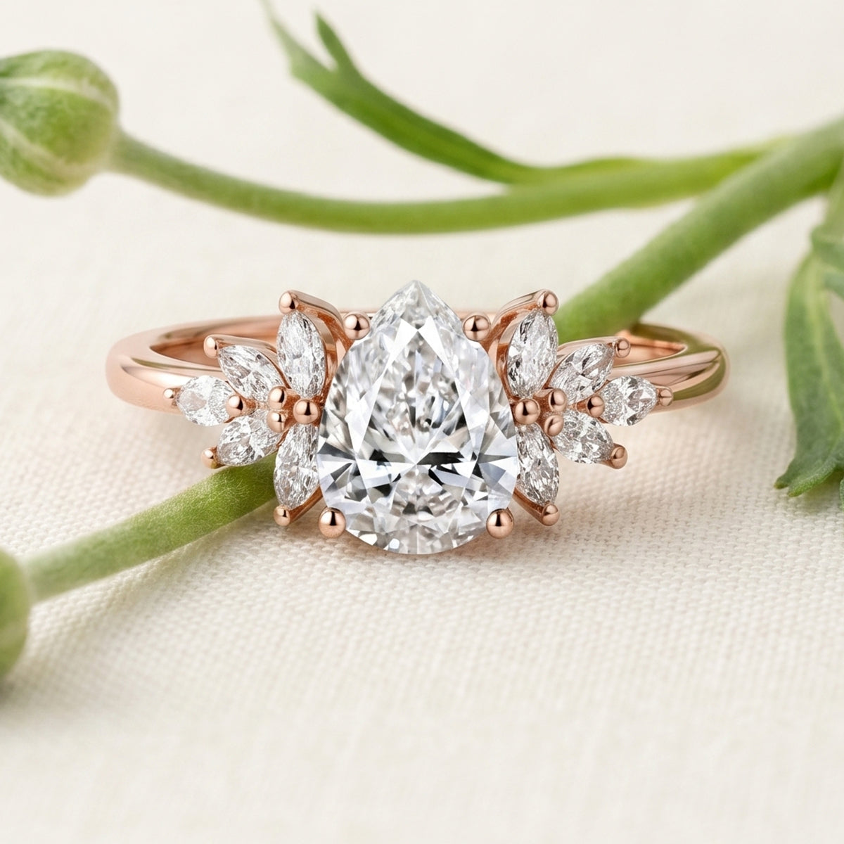 1.0CT~5.0CT Pear cut Lab Grown Diamond Cluster Engagement Ring