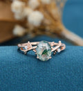 Nature Inspired Oval cut Moss Agate Leaf Gold Engagement Ring