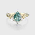 Nature Inspired Pear cut Moss Agate Leaf Gold Engagement Ring