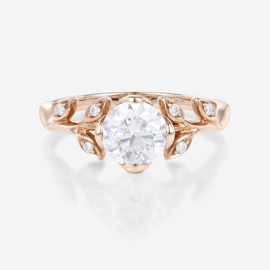 Nature Inspired Round cut Moissanite Leaf Gold Engagement Ring
