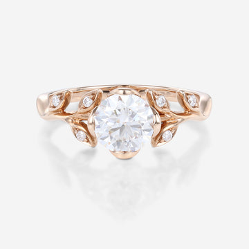 Nature Inspired Round cut Moissanite Leaf Gold Engagement Ring