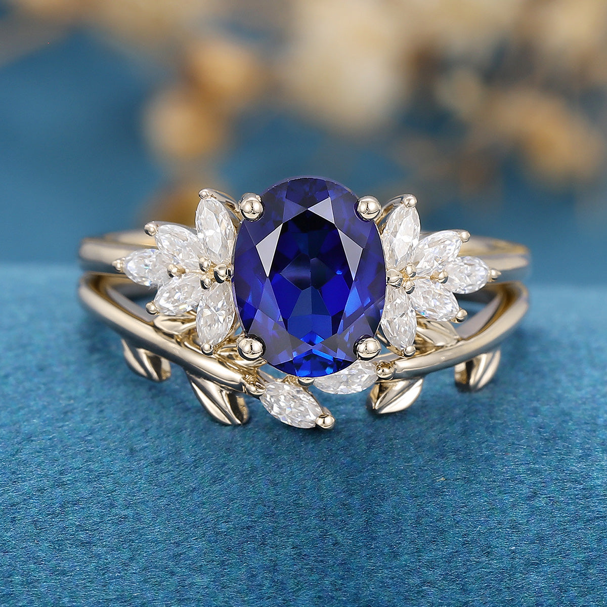 Oval cut Lab Sapphire Engagement ring Bridal Set