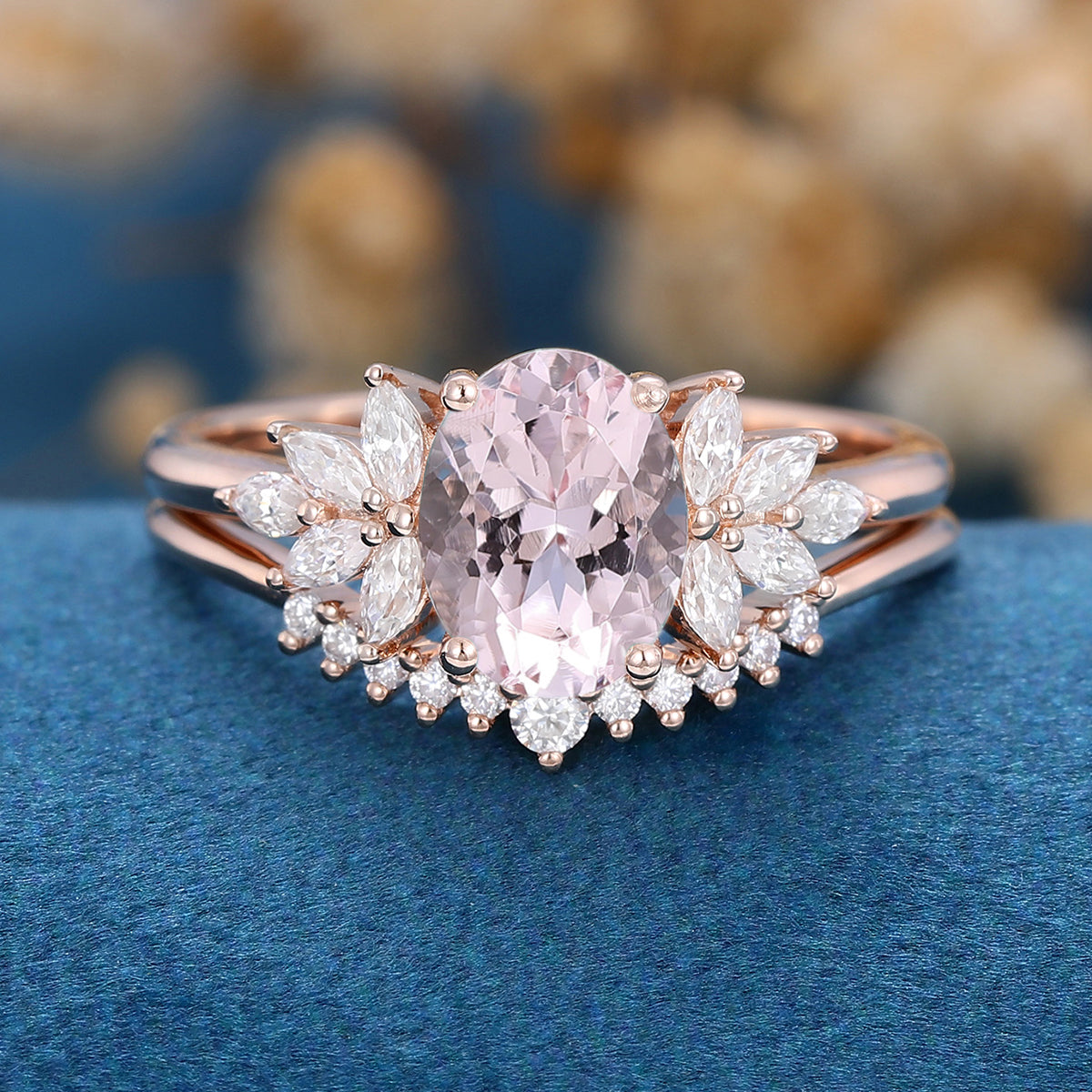 Oval Cut Morganite Cluster Engagement ring Bridal Set