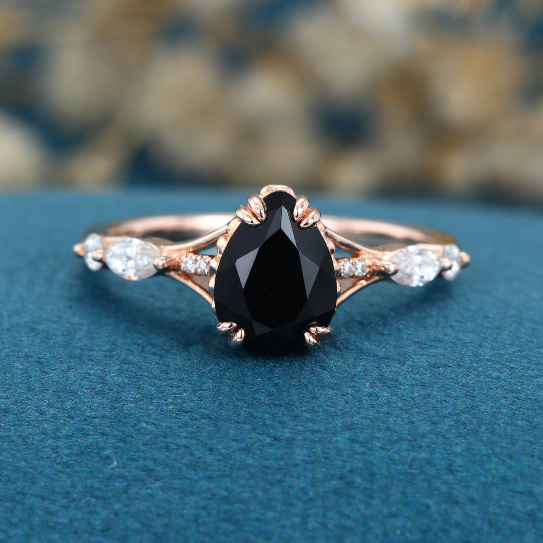 Pear cut Black Onyx Solid Gold Engagement Ring