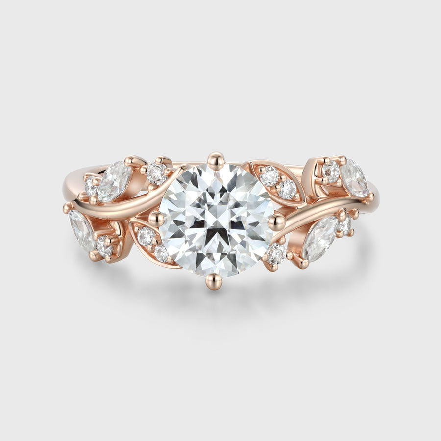 Nature Inspired Round cut Moissanite Leaf Gold Engagement Ring