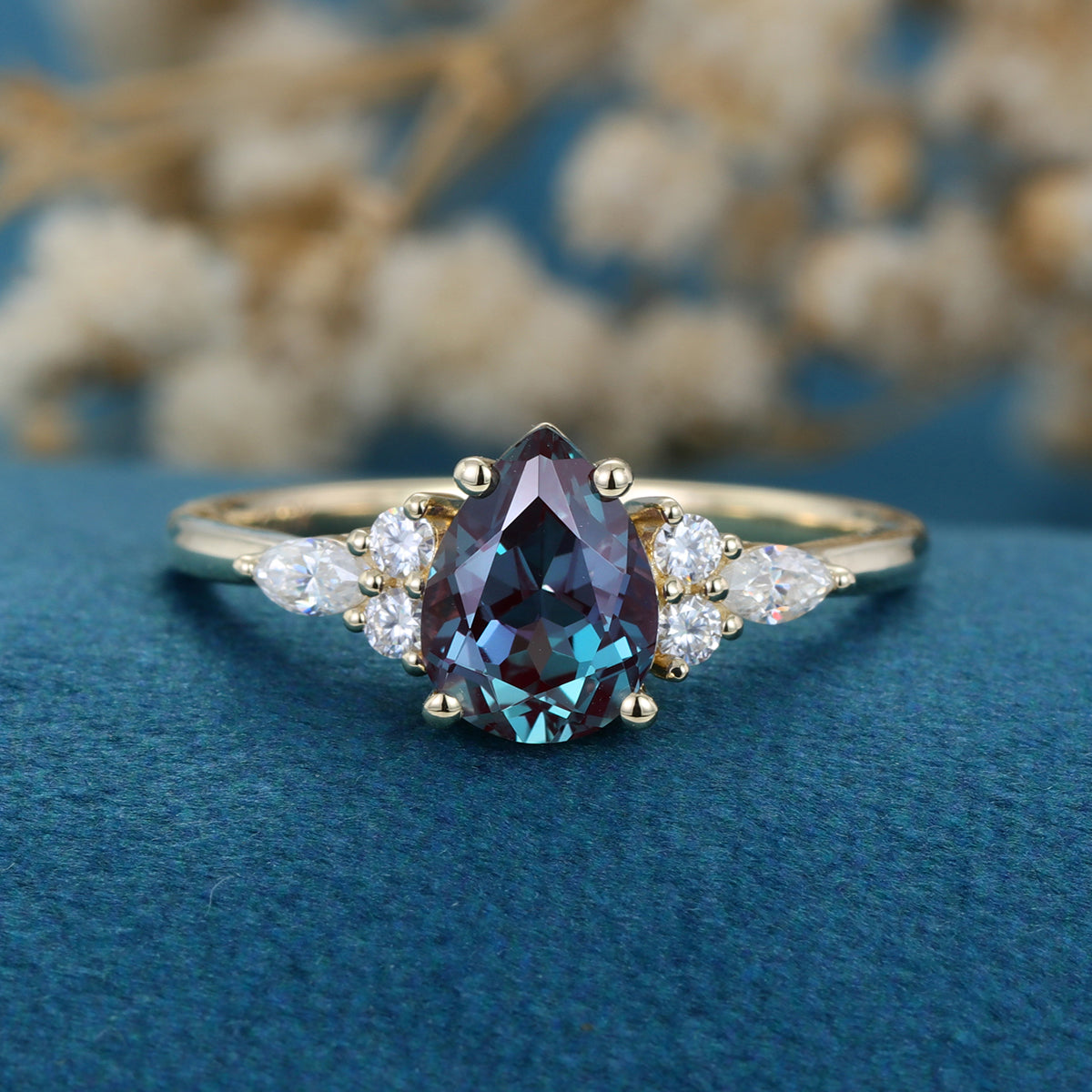 Pear shaped Lab Alexandrite Cluster Engagement ring
