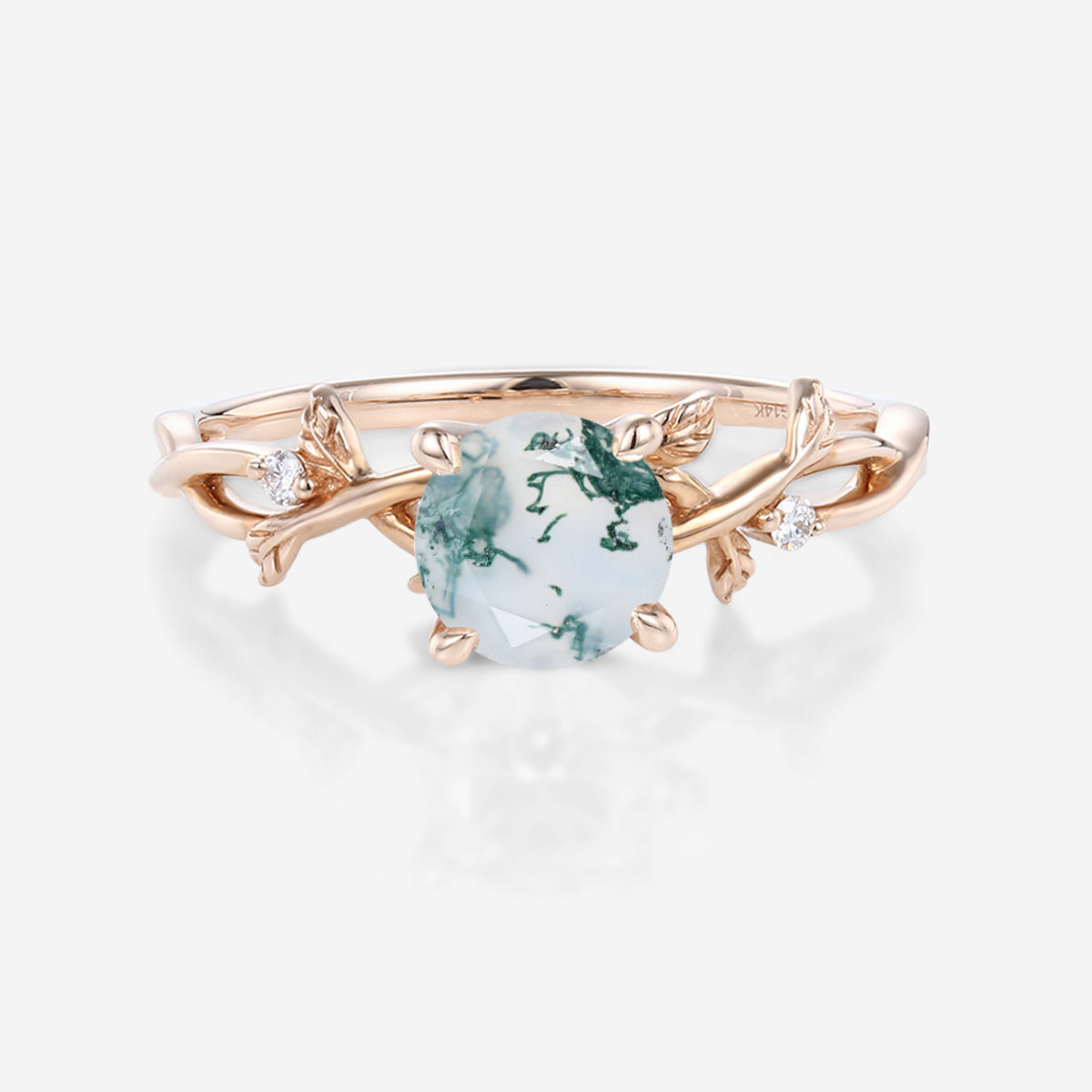 Nature Inspired Round cut Moss Agate Leaf Gold Engagement Ring