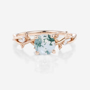 Nature Inspired Round cut Moss Agate Leaf Gold Engagement Ring