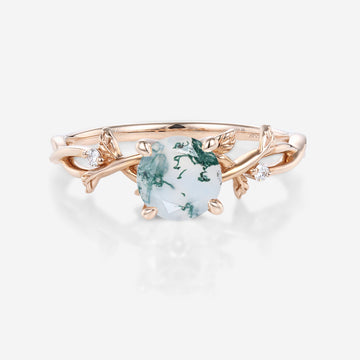 Nature Inspired Round cut Moss Agate Leaf Gold Engagement Ring