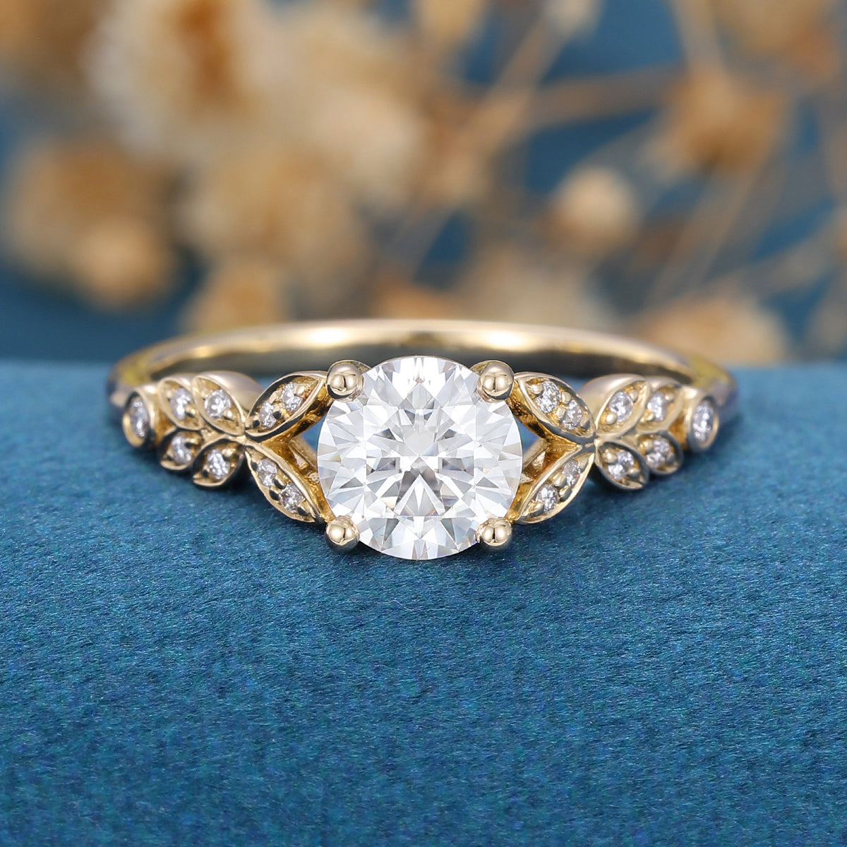 Round Moissanite  Art deco Engagement ring Bridal Set