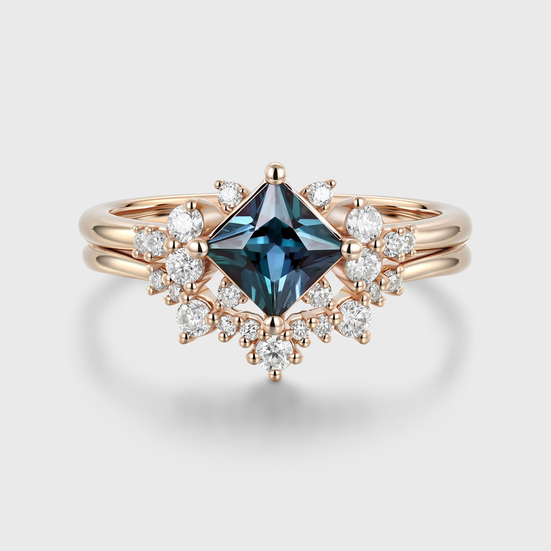 Princess cut Lab Alexandrite | Diamond Engagement Ring Bridal Set
