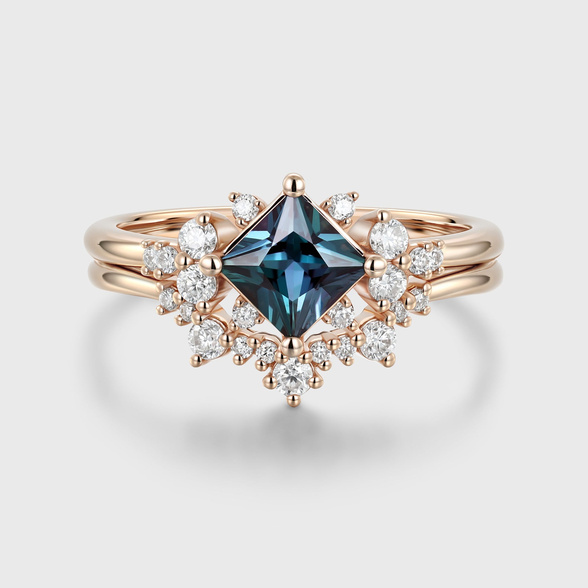 Princess cut Lab Alexandrite | Diamond Engagement Ring Bridal Set