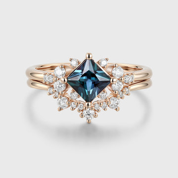Princess cut Lab Alexandrite | Diamond Engagement Ring Bridal Set