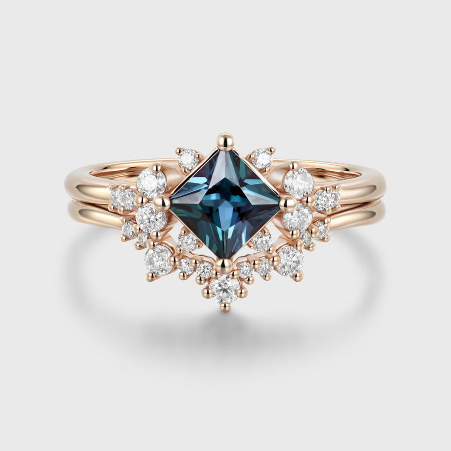 Princess cut Lab Alexandrite | Diamond Engagement Ring Bridal Set