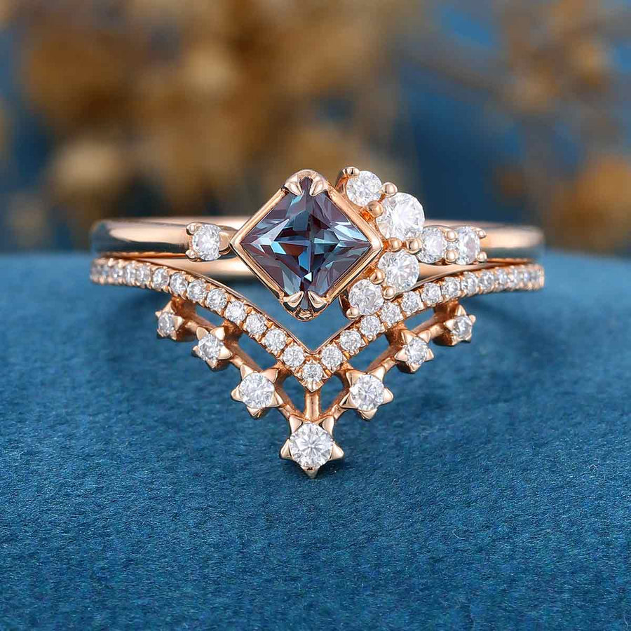 Princess cut Lab Alexandrite | Diamond Wedding Bridal Set