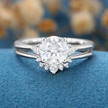 6.5mm 1 Carat Round Moissanite Cluster Engagement ring Bridal Set