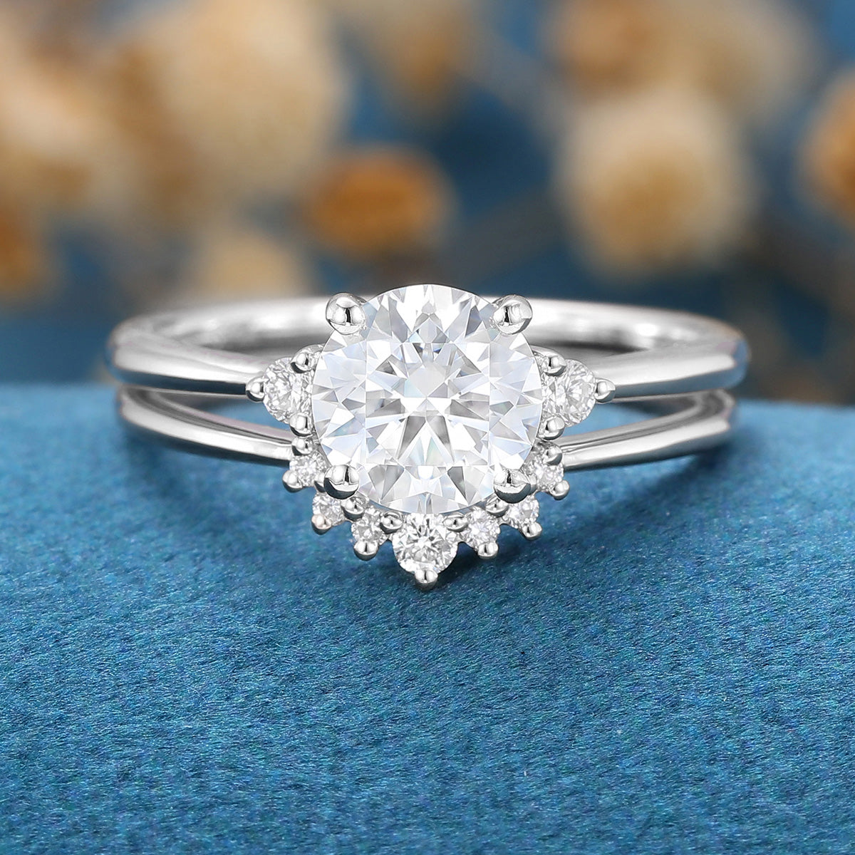 6.5mm 1 Carat Round Moissanite Cluster Engagement ring Bridal Set